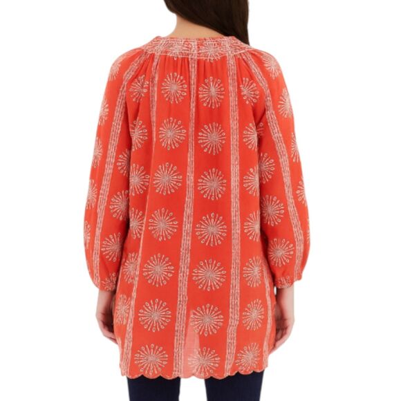 NEW Easel Small Red Tunic Blouse All Cotton Pullover White Eyelet Smocked BOHO - Picture 2 of 15